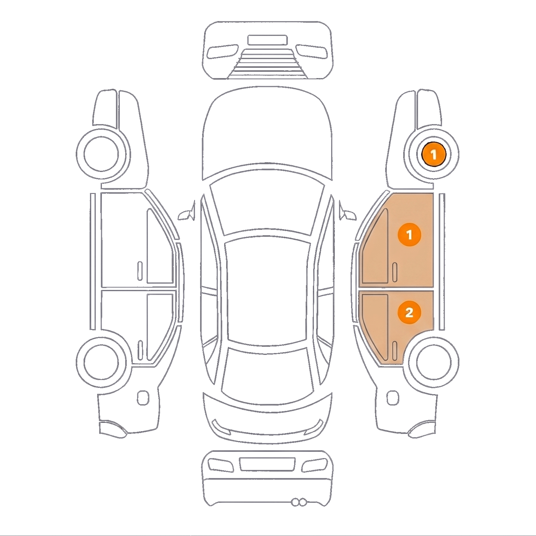 Vehicle top-down diagram with identified damages